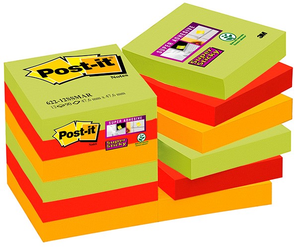 Bloczek samoprzylepny POST-IT® Super Sticky (622-12SSMAR-EU), 47,6x47,6mm, 12x90 kart., paleta Marrakesz