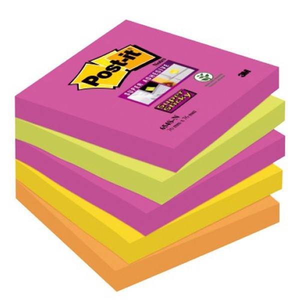 Bloczek samoprzylepny POST-IT® Super Sticky (654S-N), 76x76mm, 5x90 kartek, neonowe