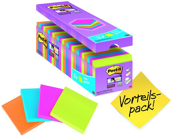 Bloczki samoprzylepne POST-IT® Super Sticky (654-SS-VP24COL), 76x76mm, 24x90 kart., mix kolorów, 3 bloczki GRATIS