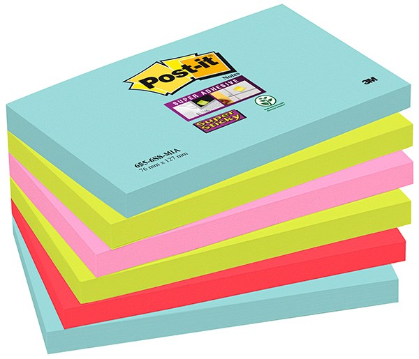 Bloczki samoprzylepne POST-IT® Super Sticky (655-6SS-MIA), 76x127mm, 6x90 kart., paleta Miami