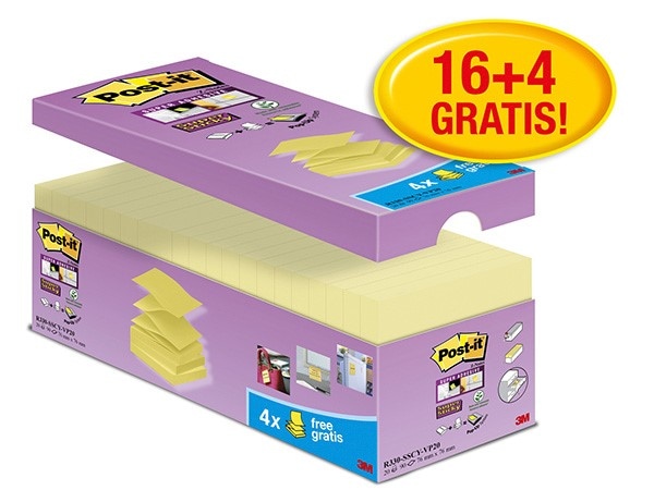 Bloczek samoprzylepny POST-IT® Super sticky Z-Notes (R330-SSCY-VP20), 76x76mm, 16x90 kart., zółty, 4 bloczki gratis