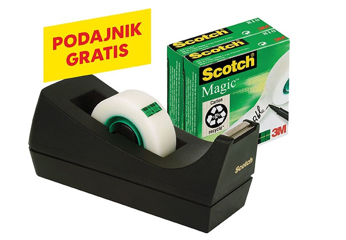 Taśma biurowa SCOTCH® Magic™ (SM3-12), matowa, z dyspenserem, 19mm, 33m, 3szt., podajnik C-38 czarny GRATIS
