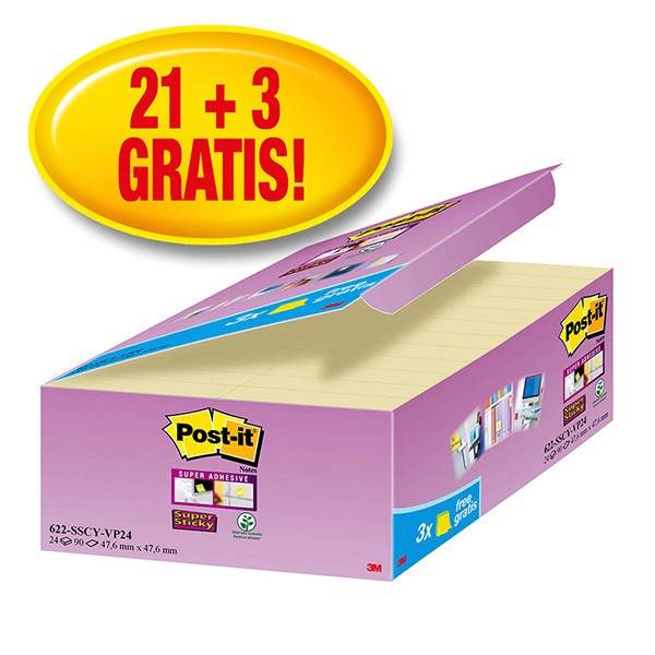 Bloczek samoprzylepny POST-IT® Super Sticky (622-SSCY-24VP), 47, 6x47, 6mm, 24x90 kart., żółte, 3 bloczki GRATIS