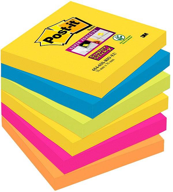 Bloczek samoprzylepny POST-IT® Super Sticky (654-6SS-RIO), 76x76mm, 6x90 kart., paleta Rio de Janeiro