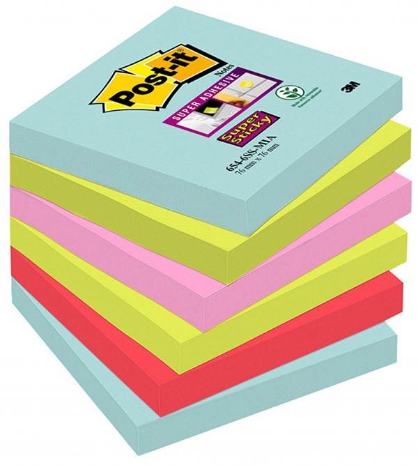 Bloczek samoprzylepny POST-IT® Super sticky, (654-6SS-MIA), 76x76mm, 6x90 kart., paleta Miami