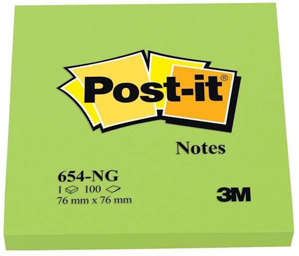 Bloczek samoprzylepny POST-IT® (654N), 76x76mm, 1x100 kart., jaskrawy zielony