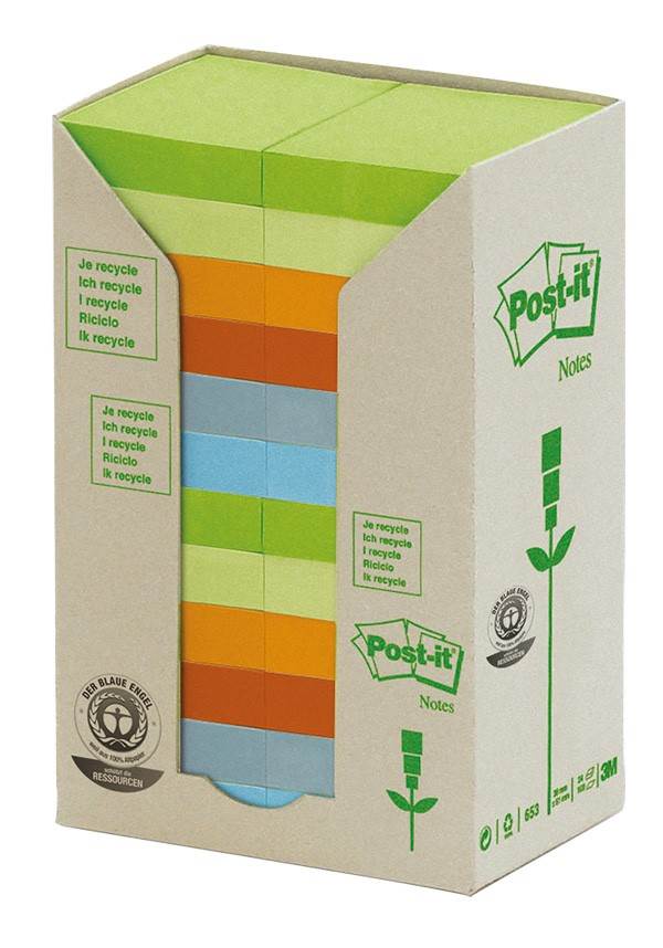 Bloczek samoprzylepny ekologiczny POST-IT® (653-1RPT), 38x51mm, 24x100 kart., pastelowy