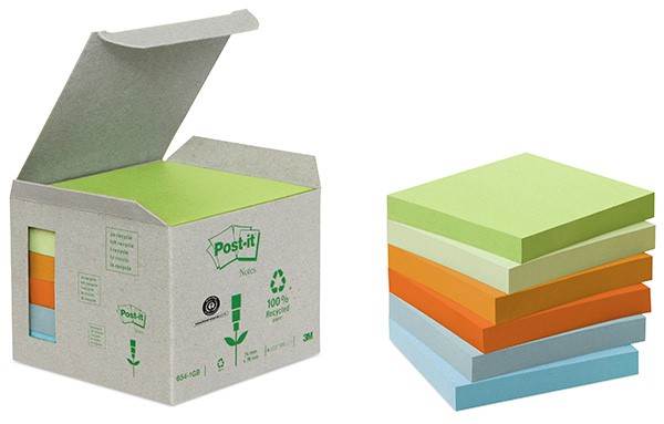Bloczki ekologiczne POST-IT® (654-1GB), 76x76mm, 6x100 kart., mix kolorów
