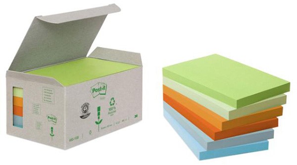 Bloczki ekologiczne POST-IT® (655-1GB), 76x127mm, 6x100 kart., mix kolorów