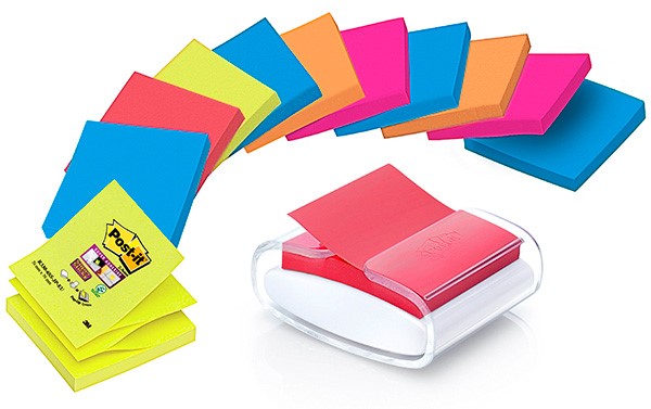 Podajnik do bloczków samoprzylepnych POST-IT® Pro (PRO-W-12SSCOL-R330), biały,  w zestawie 12 bloczków Super Sticky Z-Notes