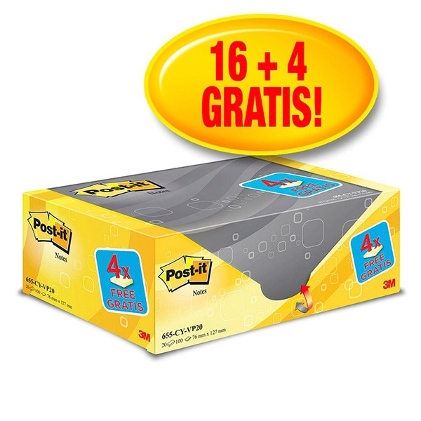Bloczek samoprzylepny POST-IT® (655CY-VP20), 127x76mm, 20x100 kart., żółte, 4 bloczki GRATIS