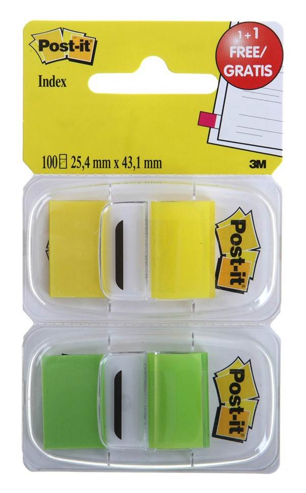 Zestaw zakładek indeksujących Post-it® (6923SP-45PO), pp, 25,4x43,1mm, 2x50 kart., żółty/zielony