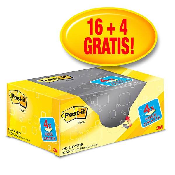 Bloczek samoprzylepny POST-IT® (653CY-VP20), 38x51mm, (16+4)x100 kart., żółte, 4 bloczki GRATIS