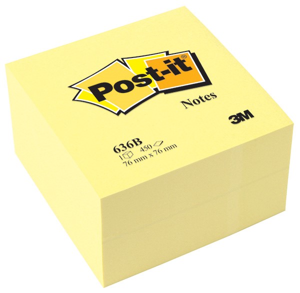 Kostka samoprzylepna POST-IT® (636B), 76x76mm, 1x450 kart., żółta