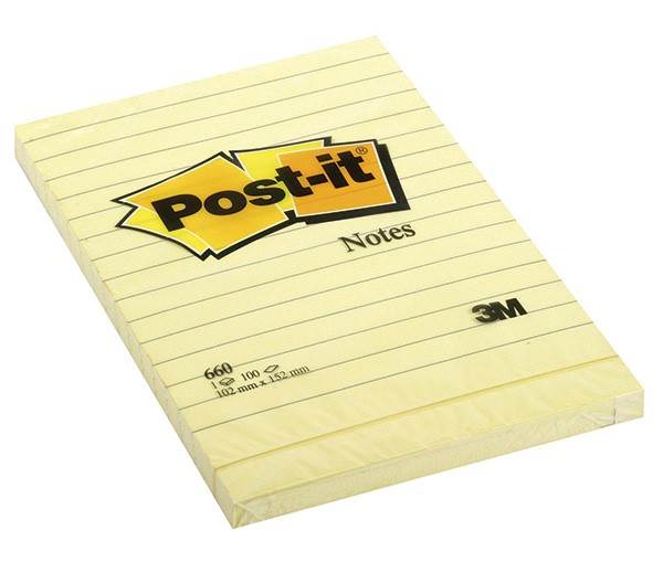 Bloczek samoprzylepny POST-IT® w linię (660), 102x152mm, 1x100 kart., żółty