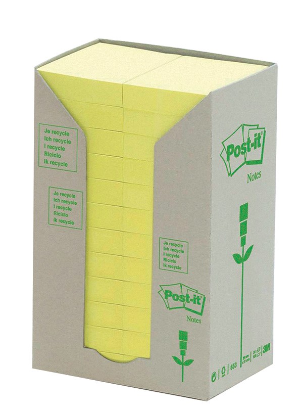 Bloczek samoprzylepny ekologiczny POST-IT® (653-1T), 38x51mm, 24x100 kart., żółty