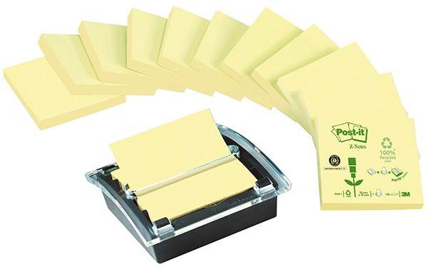 Bloczki ekologiczne POST-IT® Z-Notes (C2014Y12-1), 76x76mm, 12x100 kart., żółte + podajnik GRATIS