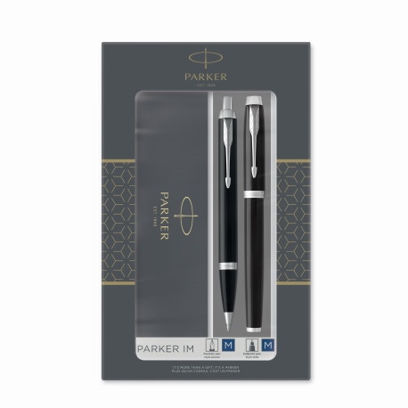 Parker IM Black Laquer CT, czarny z chromowanymi wykończeniami, zestaw podwójny pióro wieczne i długopis, końcówka medium, niebieski atrament, zestaw prezentowy