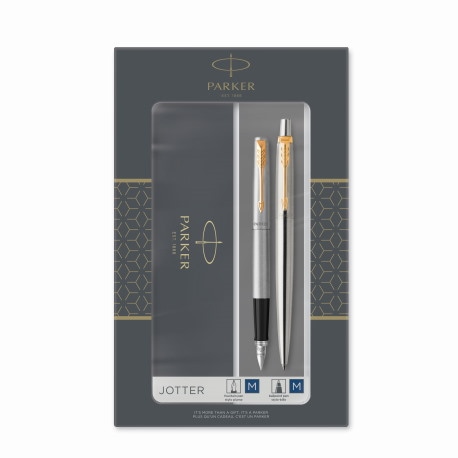 Parker Jotter Duo, zestaw prezentowy długopis i pióro wieczne Stainless Steel GT, stal szlachetna ze złotymi wykończeniami, niebieski wkład i naboje, opakowanie prezentowe