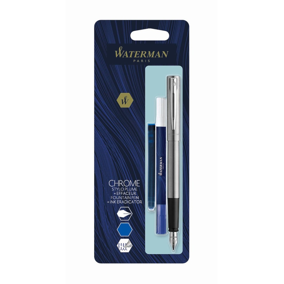 WATERMAN ALLURE CHROME CT Z WYMAZYWACZEM I NABOJEM WIECZNE PIÓRO (F) + WYMAZYWACZ DO ATRAMENTU + DŁUGI NABÓJ BL