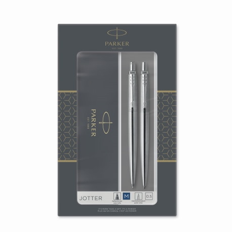 Parker Jotter Duo, zestaw prezentowy długopis i ołówek automatyczny (0,5 mm), Stainless Steel CT, stal szlachetna z chromowanymi wykończeniami, niebieski wkład, opakowanie prezentowe
