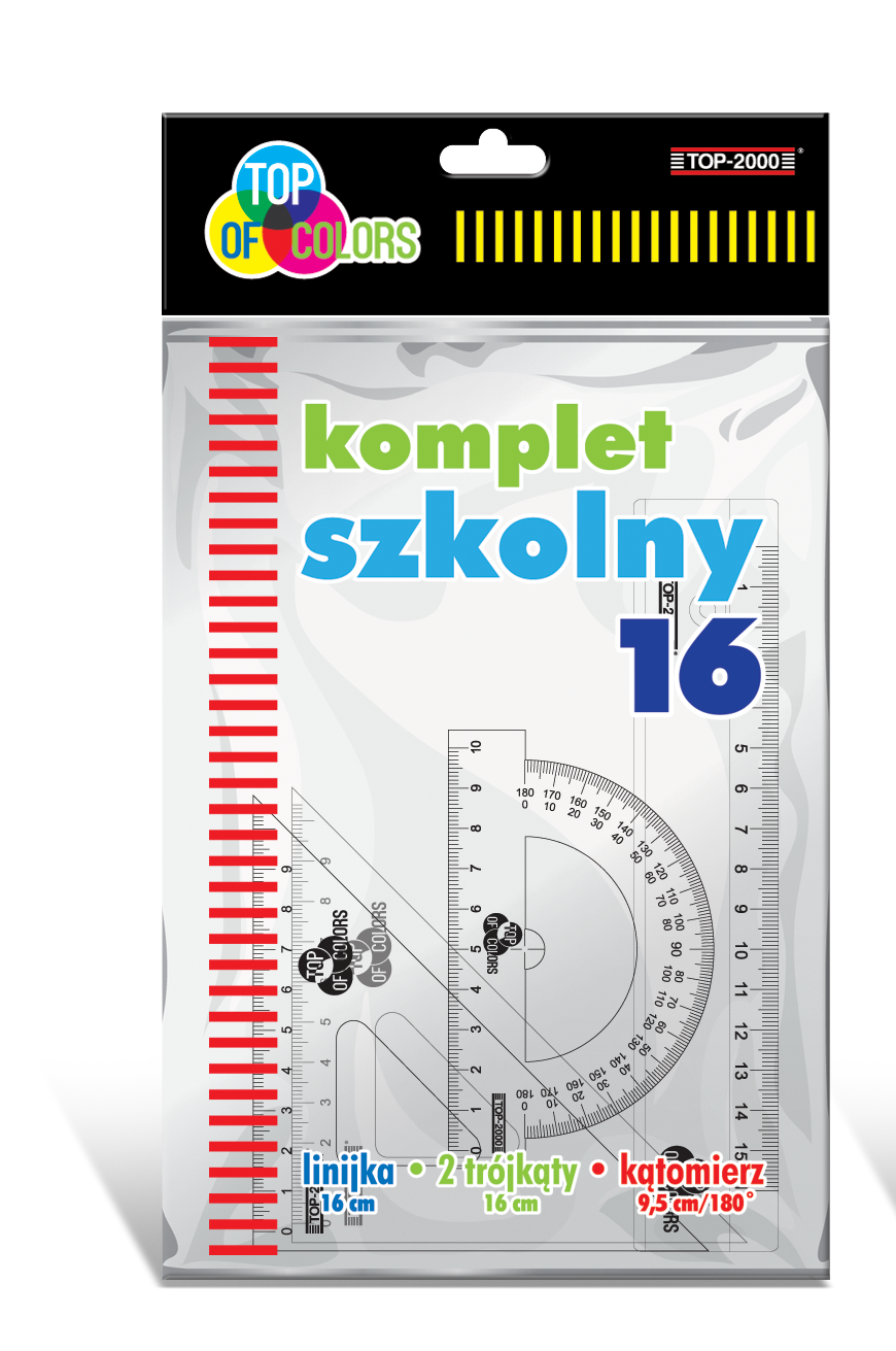 KOMPLET SZKOLNY TOP 2000 16- LINIJKA 16 CM +2 EKIERKI+KĄTOMIERZ