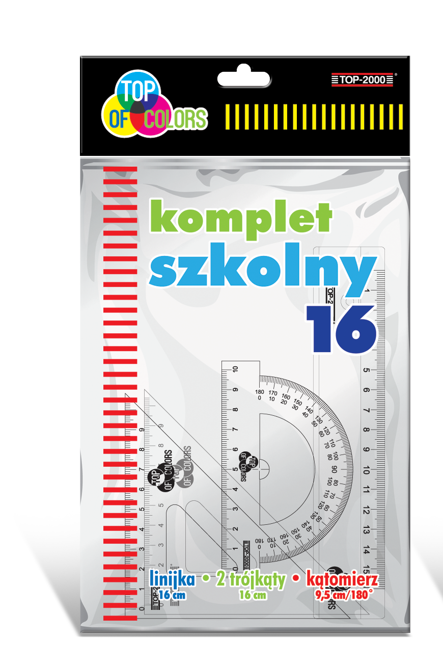 KOMPLET SZKOLNY TOP 2000 16- LINIJKA 16 CM +2 EKIERKI+KĄTOMIERZ