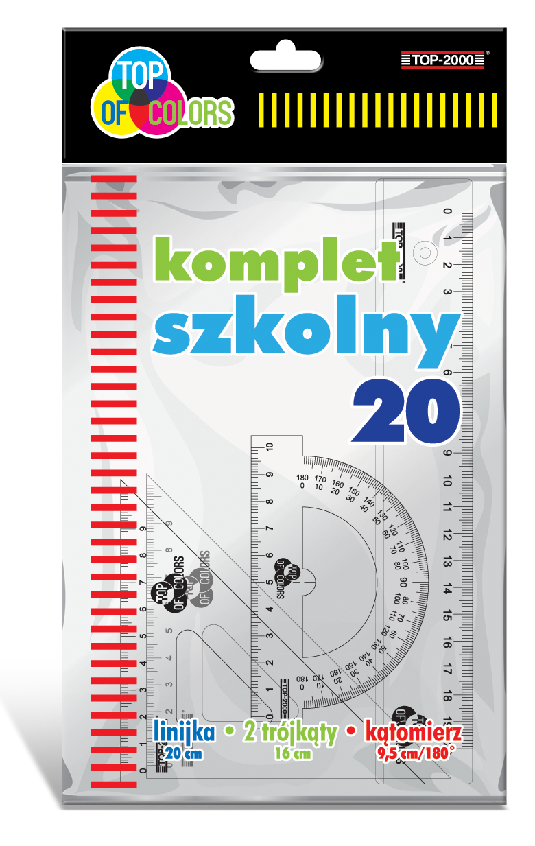 KOMPLET SZKOLNY TOP 2000 20- LINIJKA 20 CM +2 EKIERKI+KĄTOMIERZ