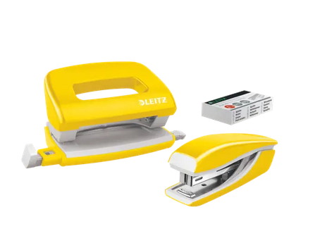 Zszywacz + dziurkacz metalowy Leitz Mini WOW, żółty, 10 lat gwarancji, 10 kartek