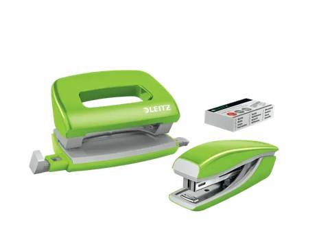 Zszywacz + dziurkacz metalowy Leitz Mini WOW, zielony, 10 lat gwarancji, 10 kartek