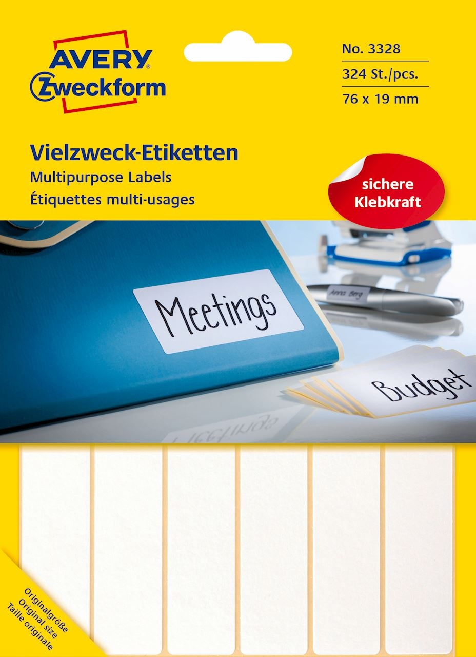 Trwałe minietykiety do opisywania ręcznego; 324 etyk./op., 76 x 19 mm, białe