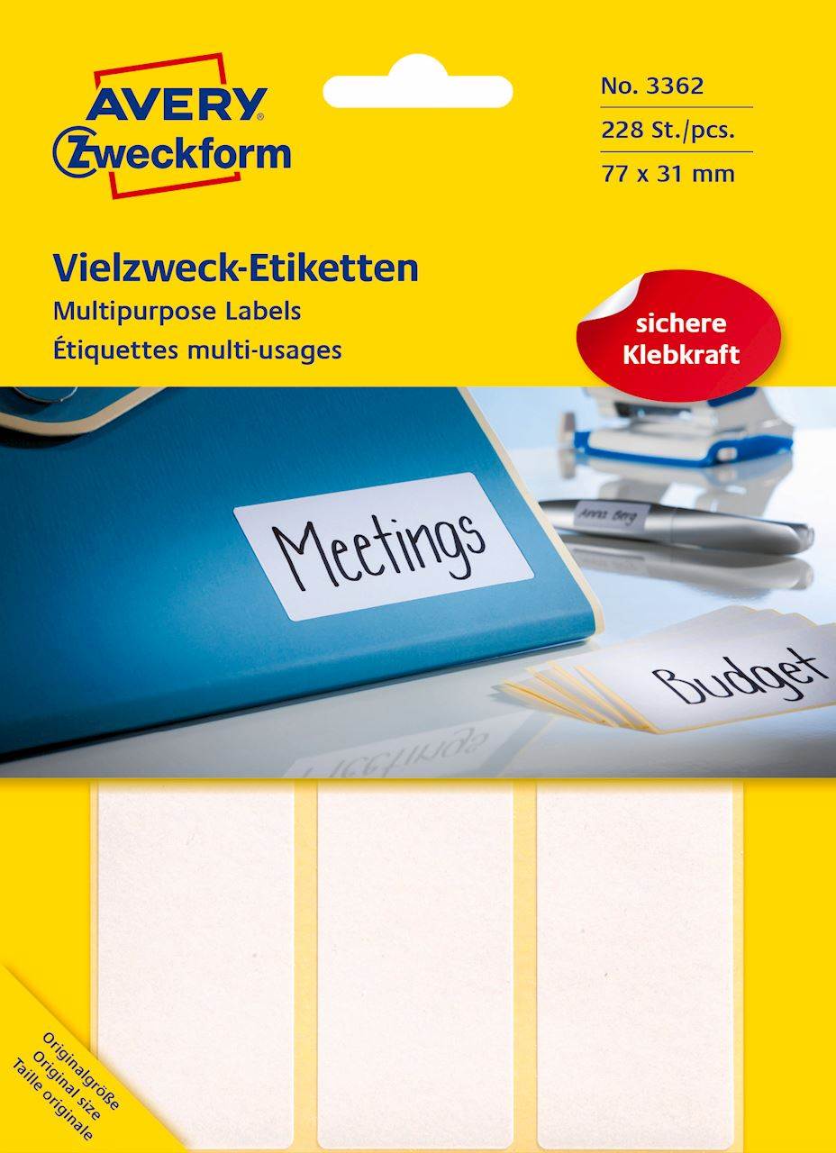 Trwałe minietykiety do opisywania ręcznego; 224 etyk./op., 77 x 31 mm, białe