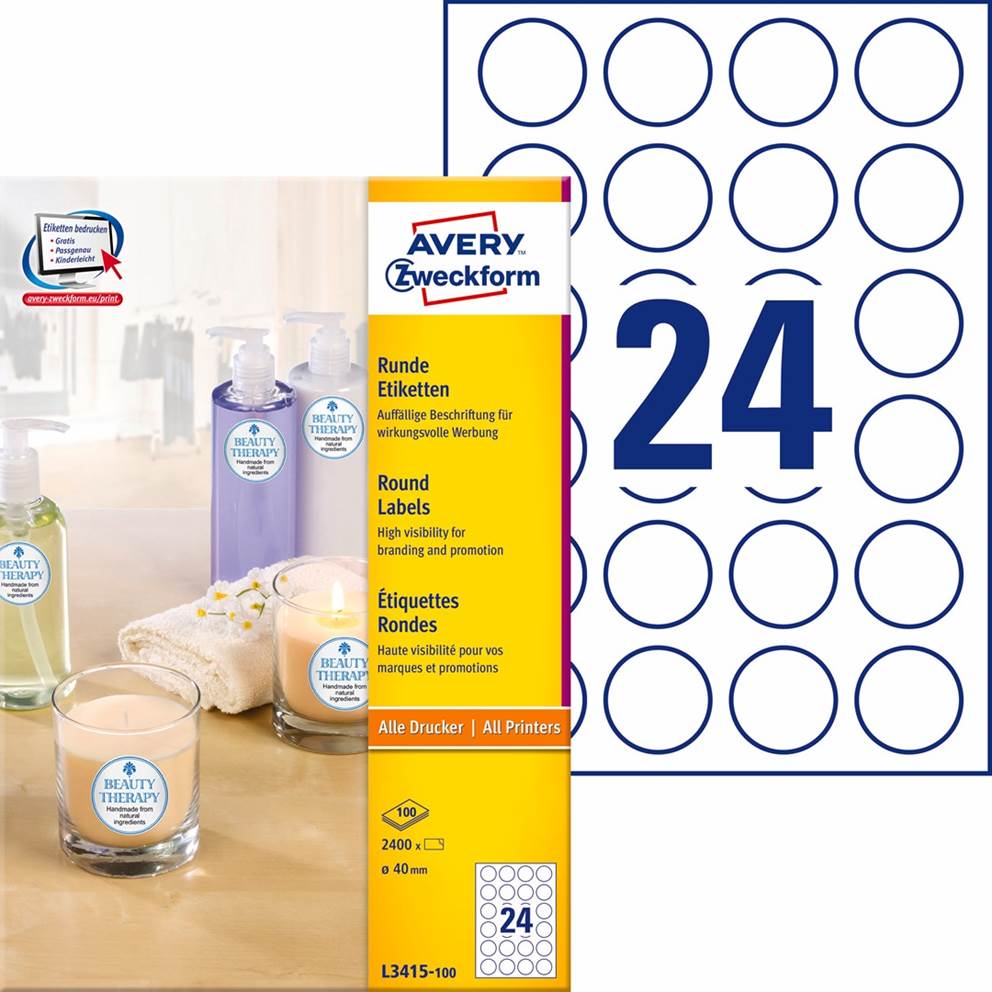 Etykiety o nietypowych kształtach; A4, 100 ark./op., O40 mm, białe