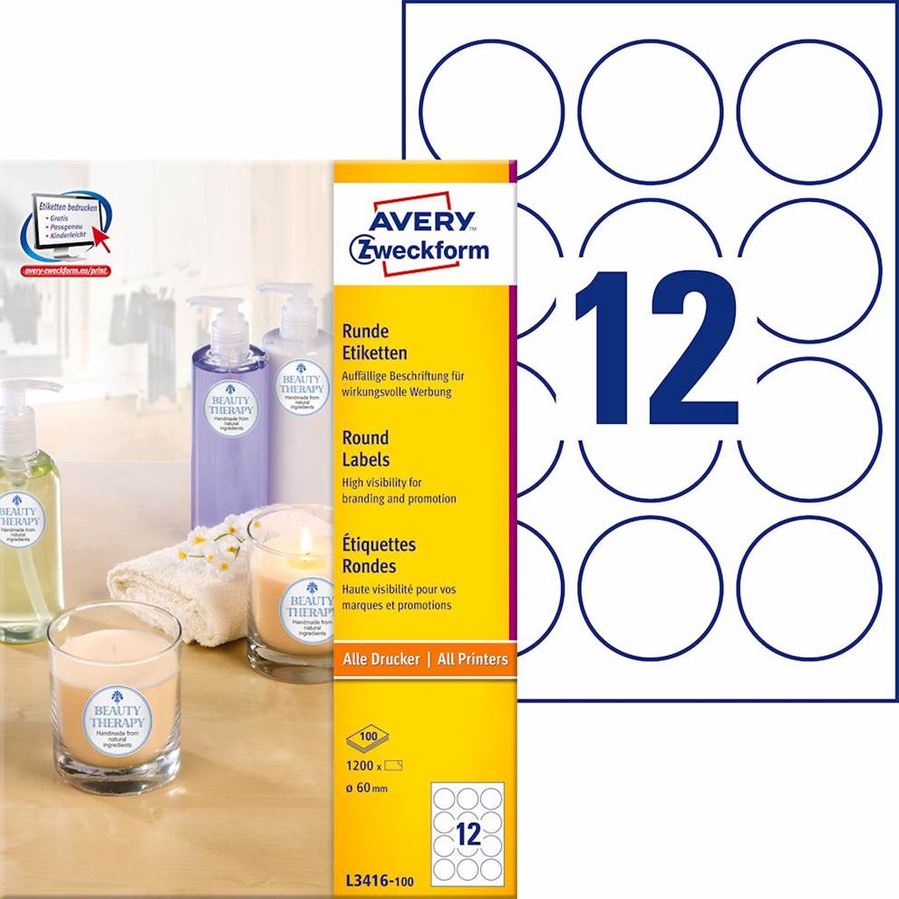 Etykiety o nietypowych kształtach; A4, 100 ark./op., O60 mm, białe