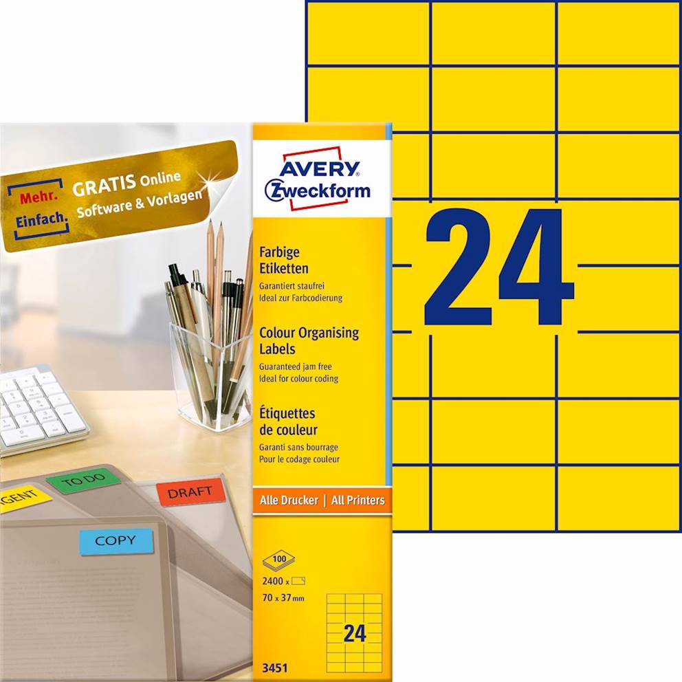Etykiety trwałe kolorowe; A4, 100 ark./op., 70 x 37 mm, żółte