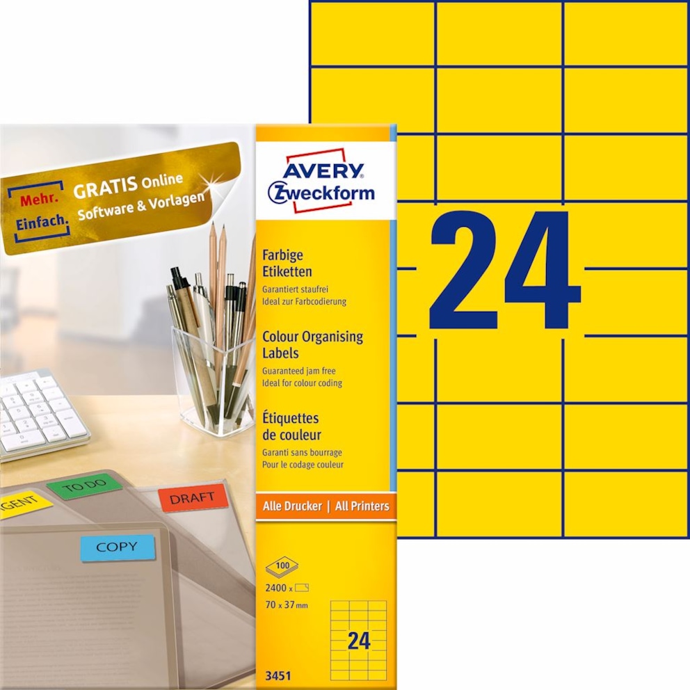 Etykiety trwałe kolorowe; A4, 100 ark./op., 70 x 37 mm, żółte