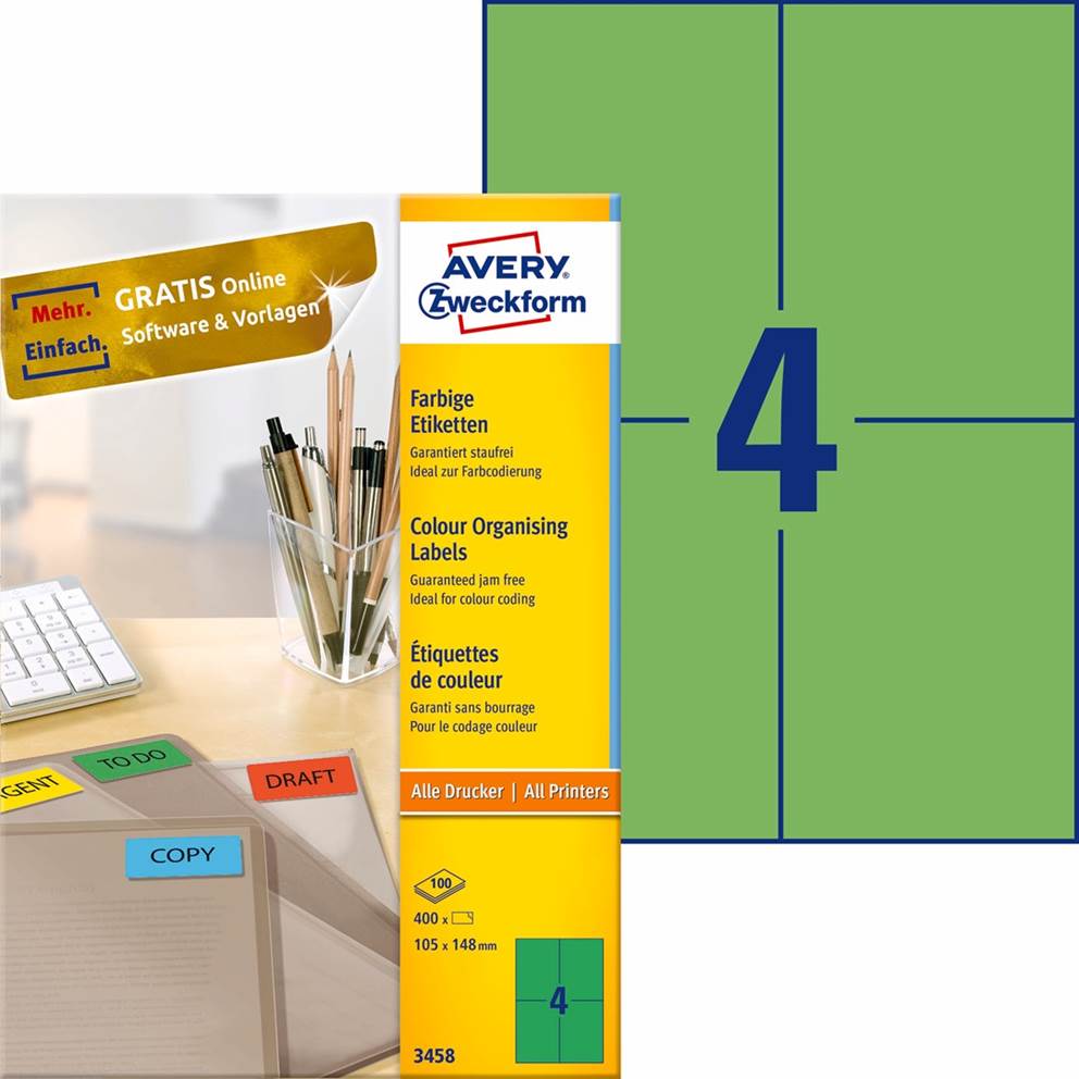 Etykiety trwałe kolorowe; A4, 100 ark./op., 105 x 148 mm, zielone