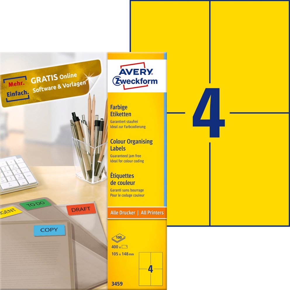 Etykiety trwałe kolorowe; A4, 100 ark./op., 105 x 148 mm, żółte