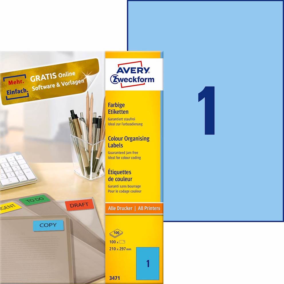 Etykiety trwałe kolorowe; A4, 100 ark./op., 210 x 297 mm, niebieskie