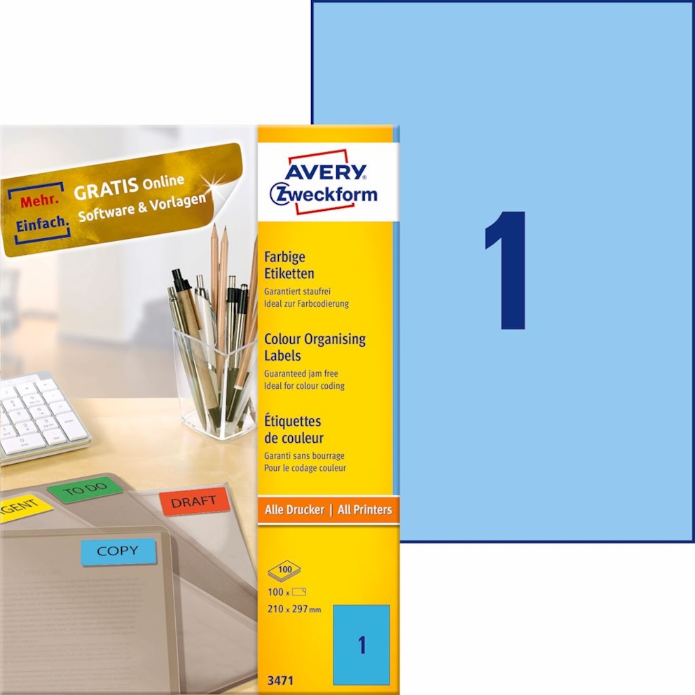 Etykiety trwałe kolorowe; A4, 100 ark./op., 210 x 297 mm, niebieskie