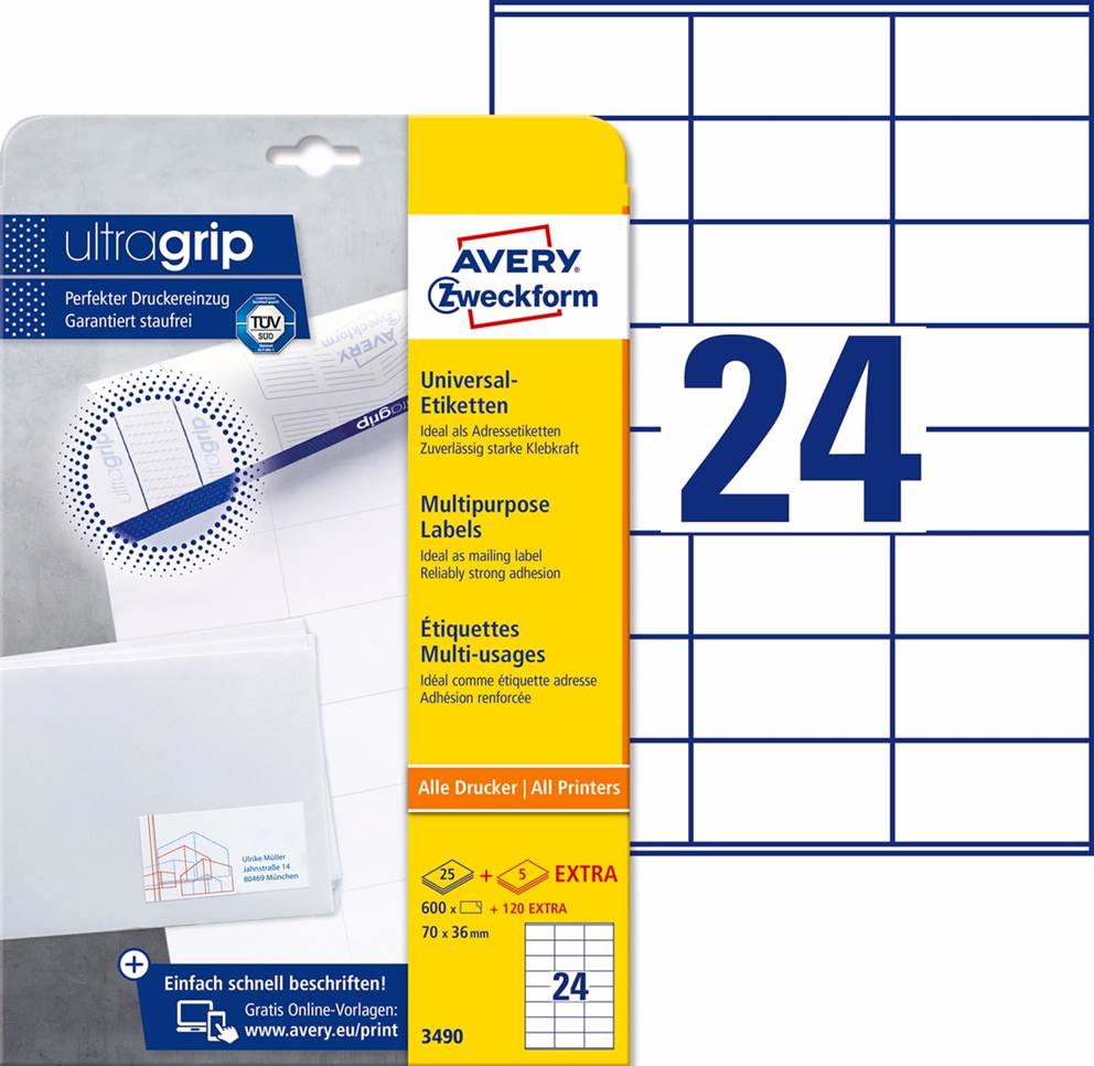 Trwałe etykiety uniwersalne; A4, 25 ark./op., 70 x 36 mm, białe