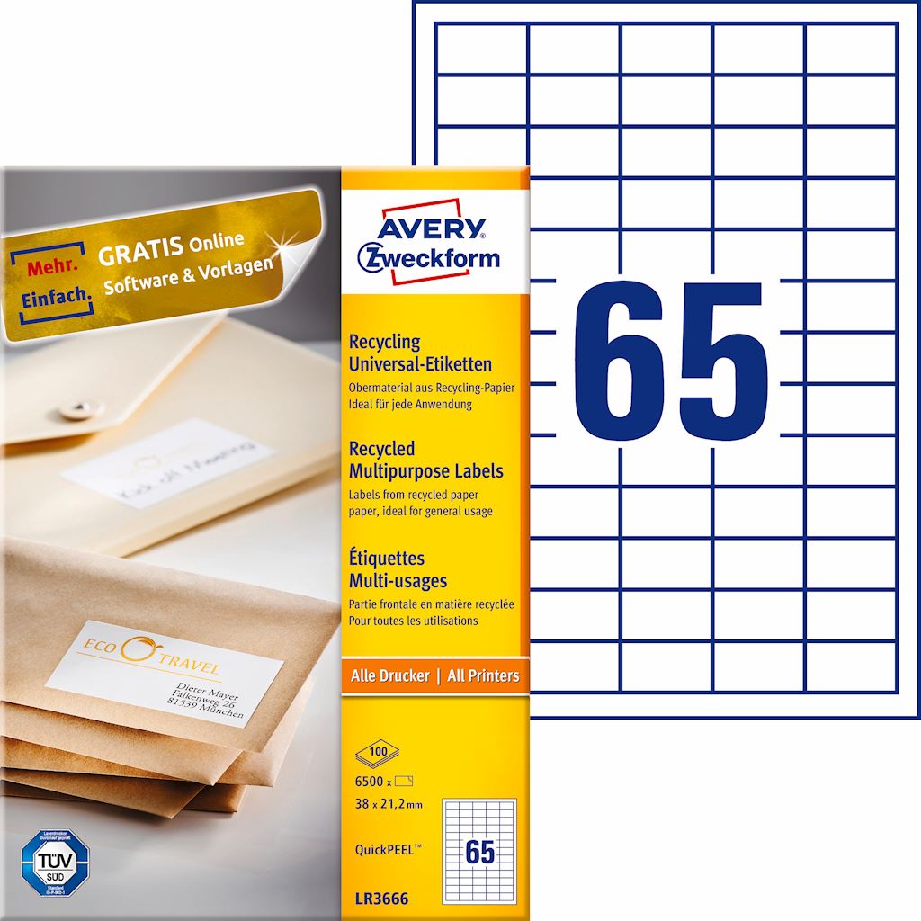 Trwałe recyklingowane etykiety uniwersalne; A4, 100 ark./op., 38 x 21,2 mm, białe
