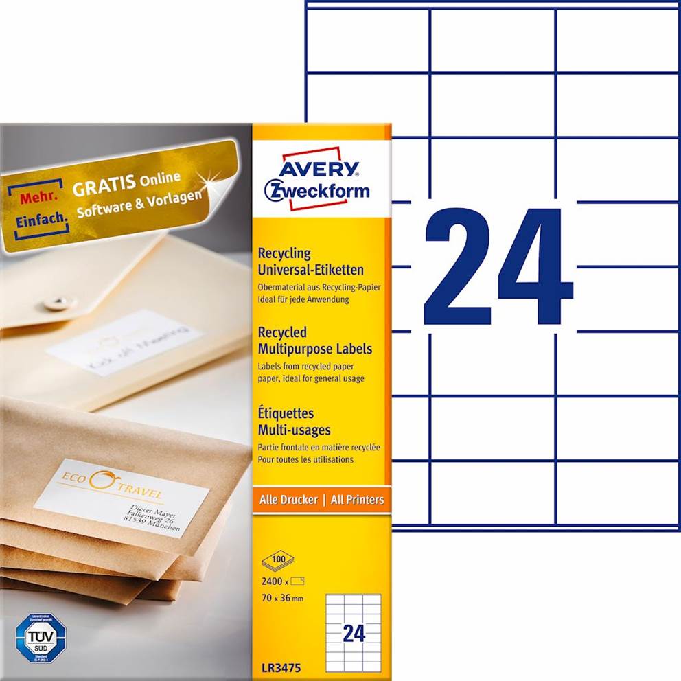 Trwałe recyklingowane etykiety uniwersalne; A4, 100 ark./op., 70 x 36 mm, białe