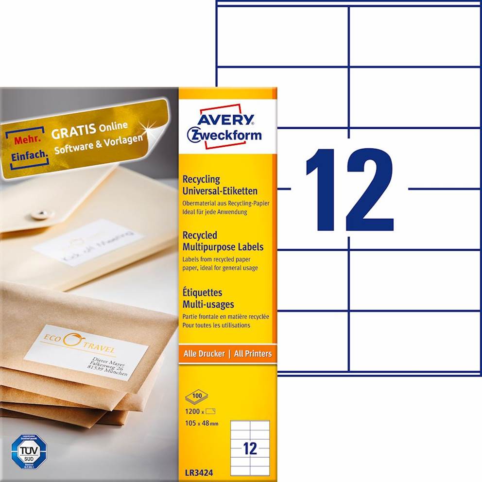 Trwałe recyklingowane etykiety uniwersalne; A4, 100 ark./op., 105 x 48 mm, białe