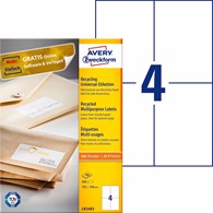 Trwałe recyklingowane etykiety uniwersalne; A4, 100 ark./op., 105 x 148 mm, białe