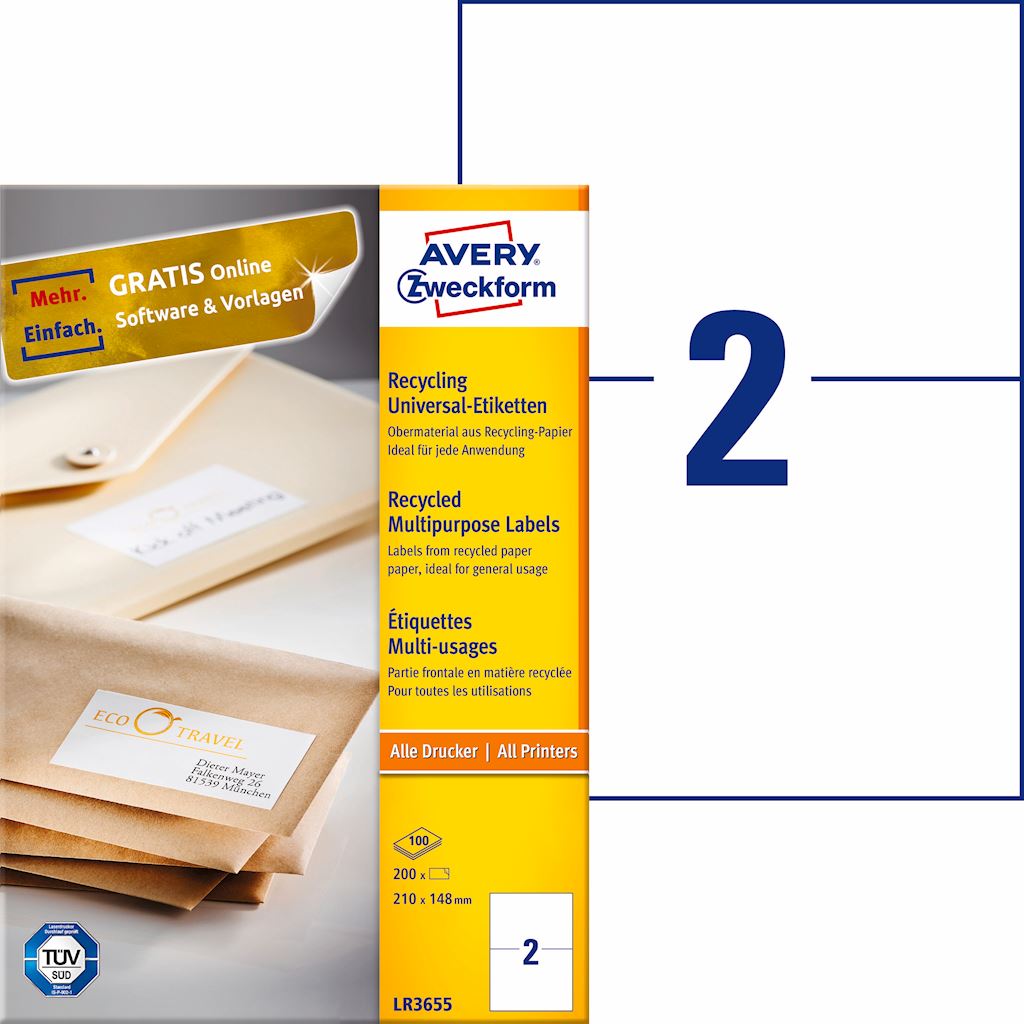 Trwałe recyklingowane etykiety uniwersalne; A4, 100 ark./op., 210 x 148 mm, białe