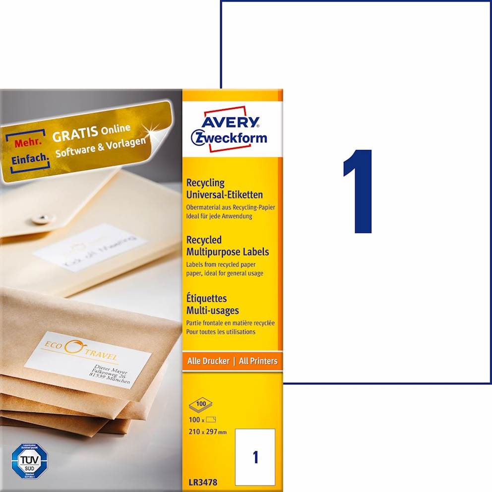 Trwałe recyklingowane etykiety uniwersalne; A4, 100 ark./op., 210 x 297 mm, białe