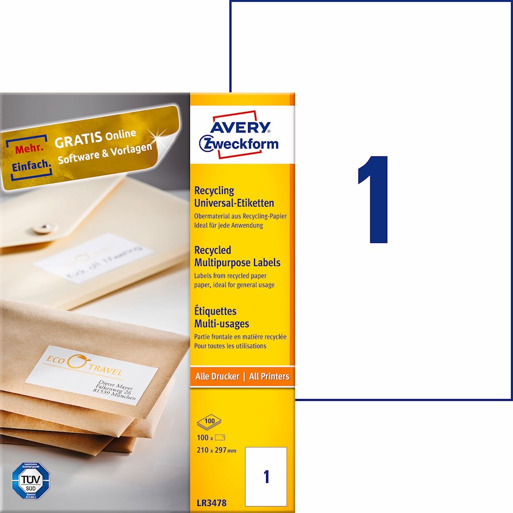 Trwałe recyklingowane etykiety uniwersalne; A4, 100 ark./op., 210 x 297 mm, białe