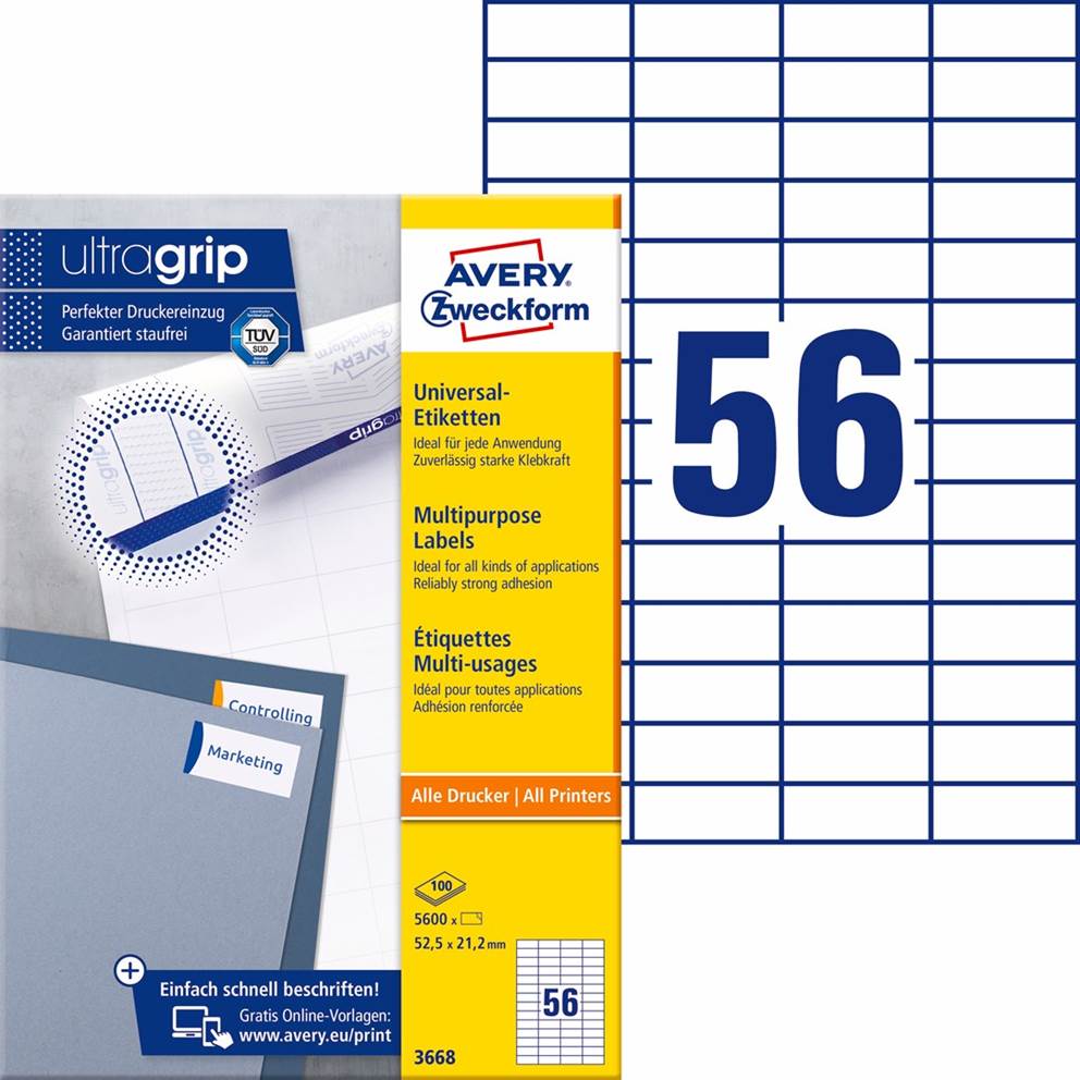 Trwałe etykiety uniwersalne; A4, 100 ark./op., 52,5 x 21,2 mm, białe