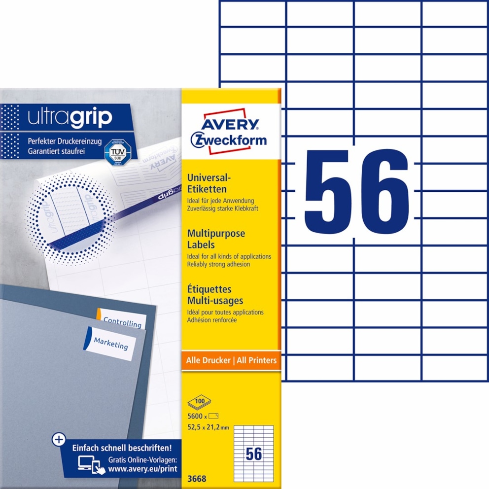 Trwałe etykiety uniwersalne; A4, 100 ark./op., 52,5 x 21,2 mm, białe